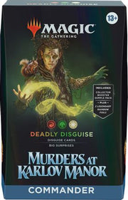 Magic: The Gathering: Murders at Karlov Manor Commander Deck - Deadly Disguise - The Gathering Commander Deck box with dark background, featuring a hooded figure casting glowing green magic, titled Murders