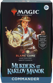 Magic: The Gathering: Murders at Karlov Manor Commander Deck - Blame Game - The Gathering Murders at Karlov Manor Commander Deck box featuring a dark blue background and artwork of a determined.