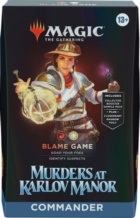 Magic: The Gathering: Murders at Karlov Manor Commander Deck - Blame Game - The Gathering Murders at Karlov Manor Commander Deck box featuring a dark blue background and artwork of a determined.