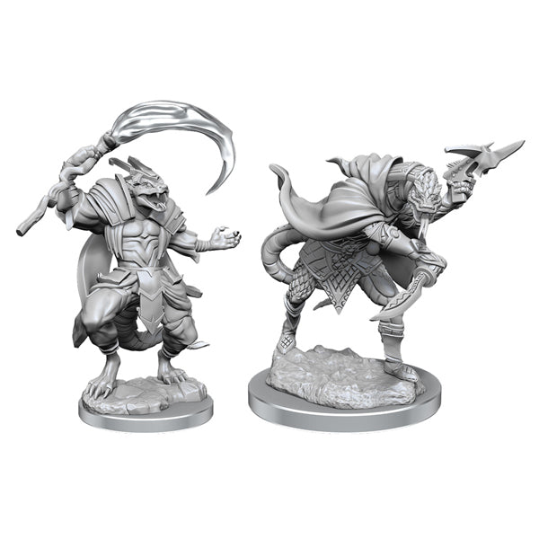 Pathfinder Battles Deep Cuts: Serpentfolk - Two detailed gray plastic miniatures of serpentfolk creatures; one wields a large curved blade and wears flowing robes, the.