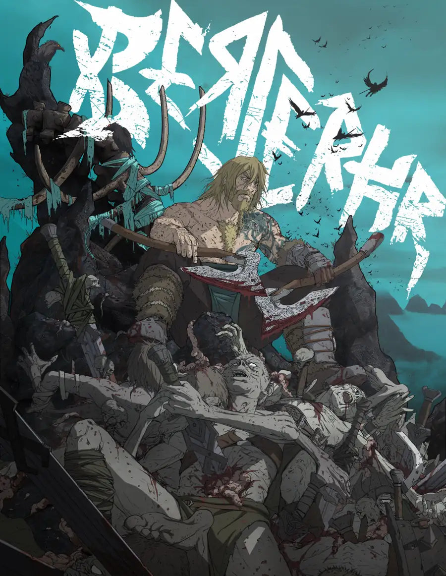 Berserkr: Core Rulebook (PREORDER) - Dark fantasy book cover featuring a muscular warrior with long hair wielding a bloodied sword amid a chaotic horde of.
