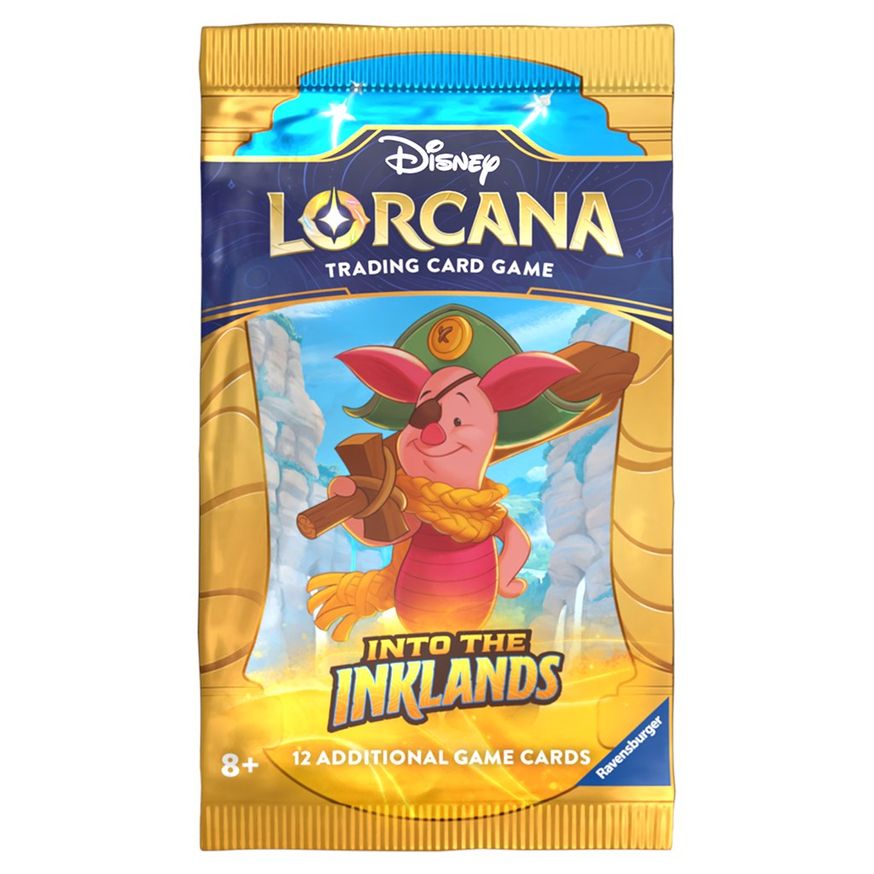Lorcana Into the Inklands Booster Pack - Disney Lorcana Into the Inklands booster pack featuring colorful character art on shiny gold and blue foil packaging.