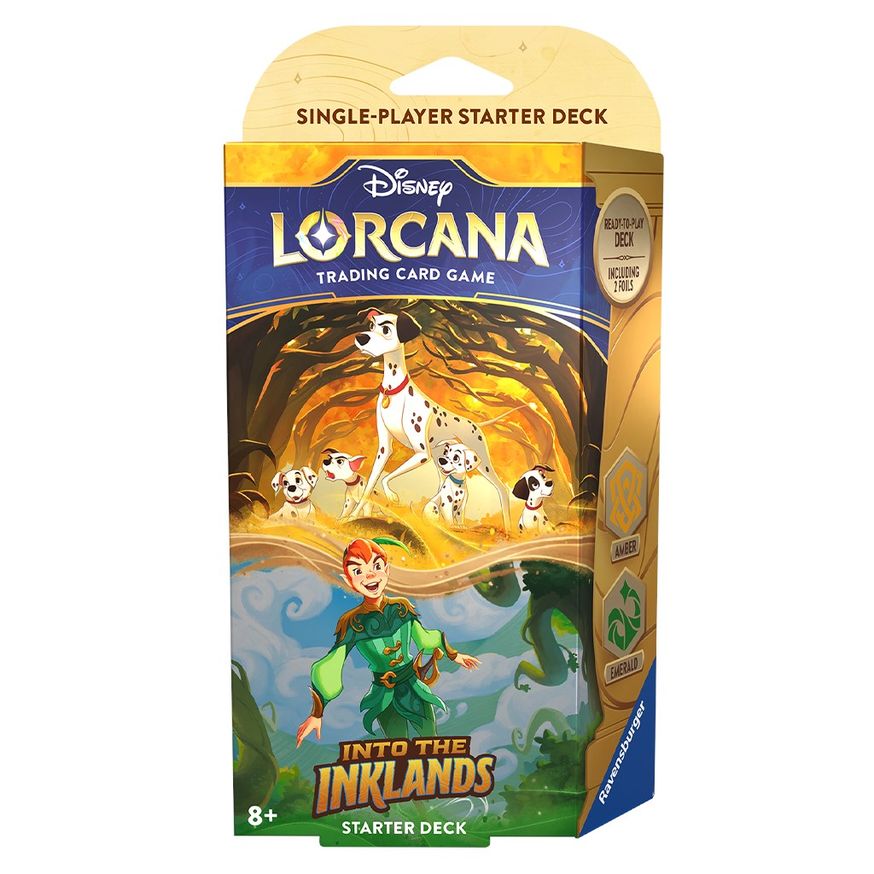 Lorcana Into the Inklands Starter Deck - Amber & Emerald - Disney Lorcana trading card game starter deck with vibrant Amber and Emerald-themed artwork featuring animated characters.