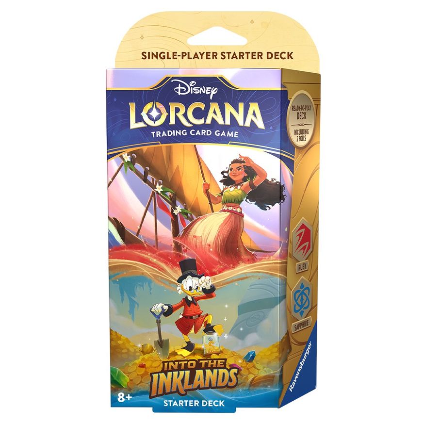 Lorcana Into the Inklands Starter Deck - Ruby & Sapphire - Disney Lorcana trading card game starter deck packaging featuring vibrant fantasy artwork of a female character in red and.