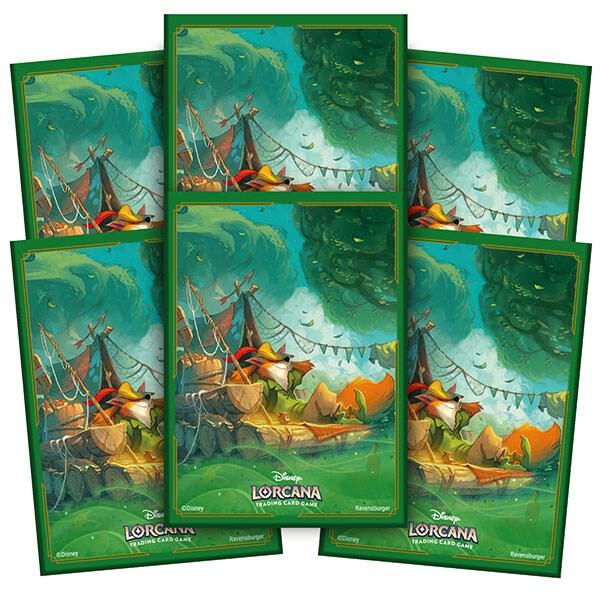Lorcana Trading Card Game: Into the Inklands Card Sleeves Pack - Robin Hood - Set of five trading card sleeves featuring green borders and an illustrated forest scene with a tent, string lights, and.