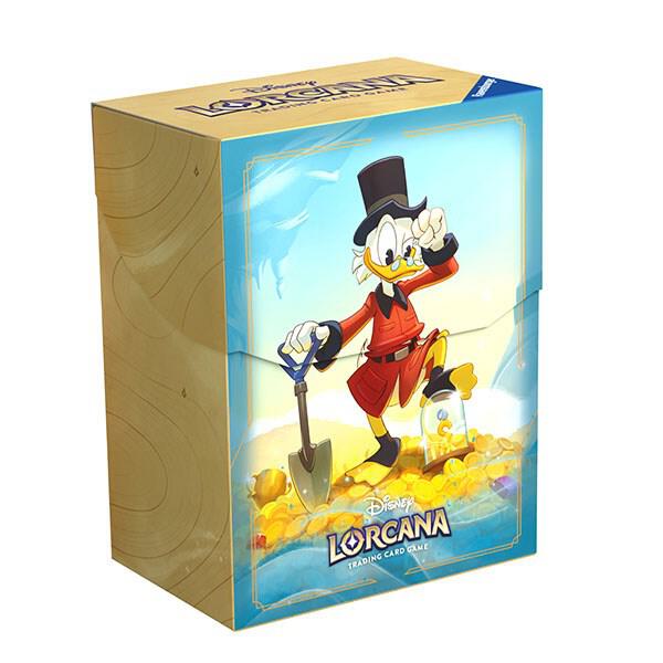 Lorcana Trading Card Game: Into the Inklands Deck Box - Scrooge McDuck - Rectangular wooden deck box featuring Scrooge McDuck in a red coat and top hat standing on gold coins, with blue sky.