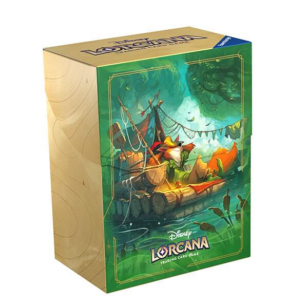 Lorcana Trading Card Game: Into the Inklands Deck Box - Robin Hood - Green rectangular wooden deck box featuring colorful Robin Hood illustration and Lorcana logo.