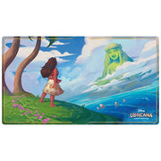 Lorcana Trading Card Game: Into the Inklands Playmat - Moana - Colorful gaming playmat featuring Moana standing on grass overlooking a blue ocean with a large green spirit figure in the.