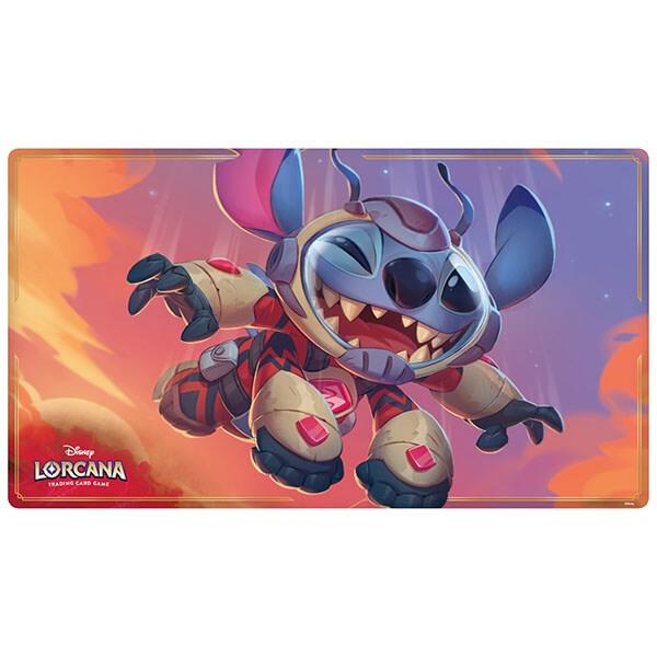 Lorcana Trading Card Game: Into the Inklands Playmat - Stitch - Rectangular game playmat featuring Stitch from Lorcana with vibrant orange and purple background and dynamic pose.