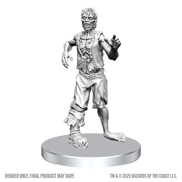 D&D Nolzur's Marvelous Miniatures: Classic Vampire & Classic Zombie (PREORDER) - Unpainted gray plastic miniature of a classic zombie with torn pants and exposed ribs on a round base.