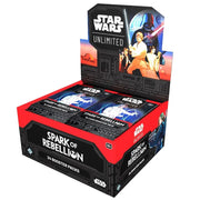 Star Wars: Unlimited - Spark of Rebellion - Booster Box - Star Wars Unlimited Spark of Rebellion booster box with red and black packaging featuring Luke Skywalker and Darth Vader.