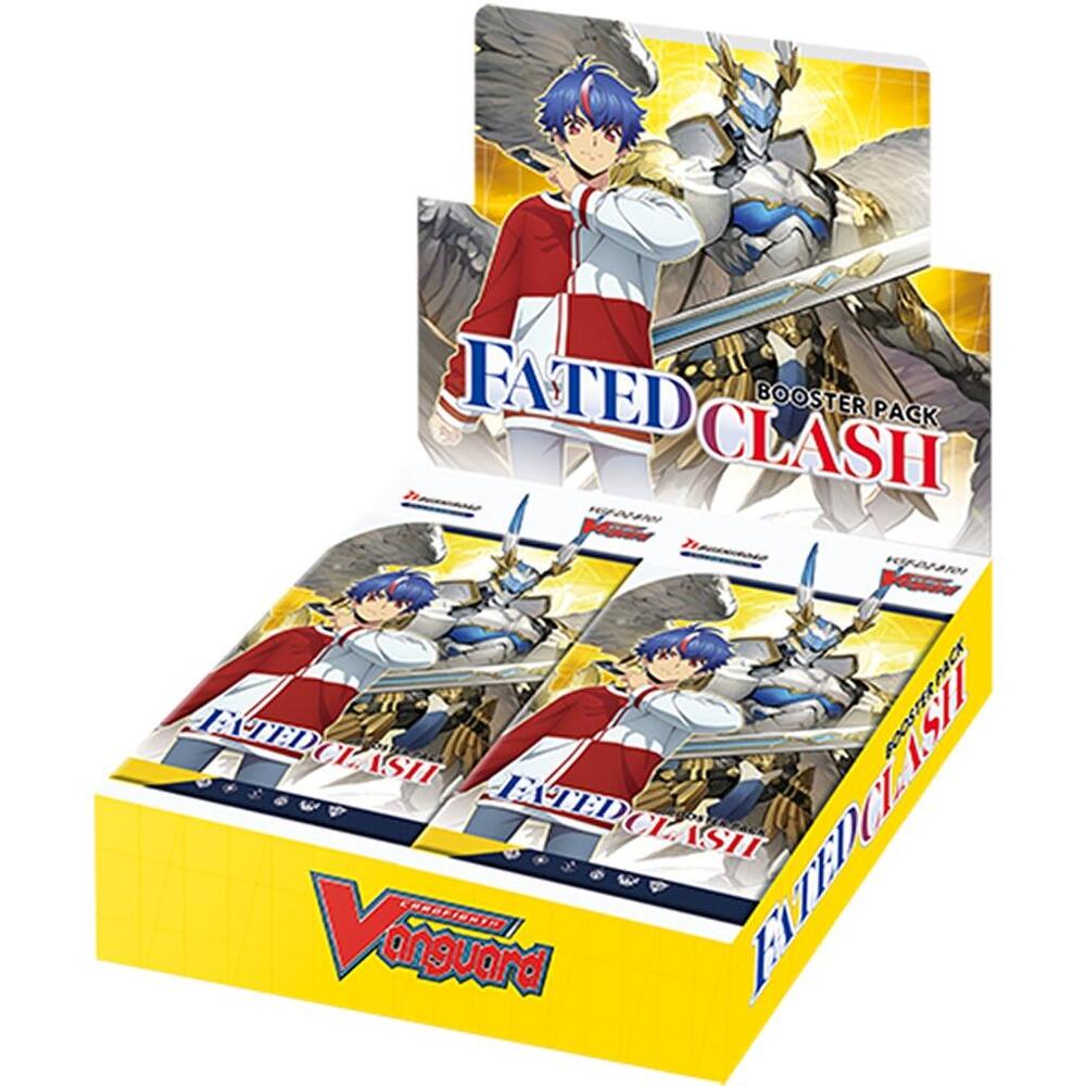 Cardfight Vanguard - Fated Clash Booster Box - BT01 - Yellow and gray Cardfight Vanguard Fated Clash booster box with fantasy warrior artwork on packaging.