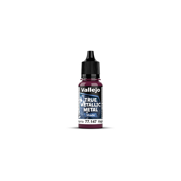 Vallejo True Metallic Metal Shade: Crimson Magenta (18ml) - Small plastic bottle of Vallejo True Metallic Metal paint in crimson magenta, with black twist cap and white label detailing