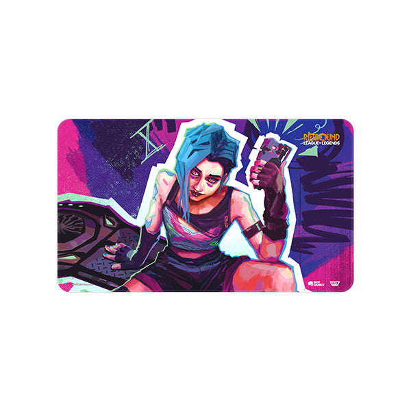 Playmat: Riftbound Origins - Jinx - Colorful rectangular playmat featuring Jinx from League of Legends with blue hair, purple and pink background, and dynamic.