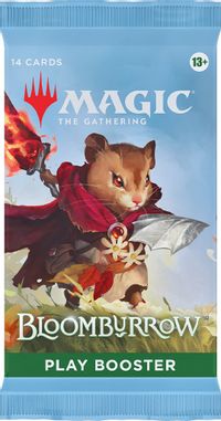 Magic: The Gathering - Bloomburrow - Play Booster Pack - The Gathering Bloomburrow Play Booster pack with artwork of an armored animal wielding a fiery weapon on a blue background.