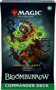 Magic: The Gathering - Bloomburrow Commander Deck - Animated Army - The Gathering Bloomburrow Commander Deck box featuring animated forest creatures and vibrant green magical effects on a dark