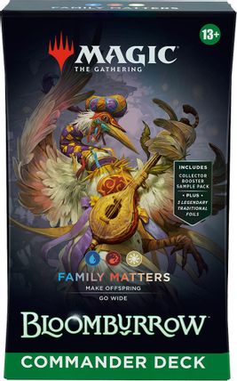 Magic: The Gathering - Bloomburrow Commander Deck - Family Matters - The Gathering Bloomburrow Commander Deck box with fantasy bird and turtle artwork in dark tones, green banner at bottom.