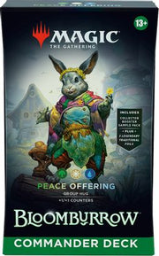 Magic: The Gathering - Bloomburrow Commander Deck - Peace Offering - The Gathering Bloomburrow Commander Deck box with colorful anthropomorphic rabbit wizard artwork on dark background.