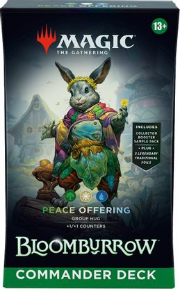 Magic: The Gathering - Bloomburrow Commander Deck - Peace Offering - The Gathering Bloomburrow Commander Deck box with colorful anthropomorphic rabbit wizard artwork on dark background.