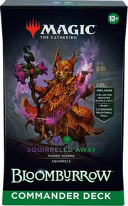 Magic: The Gathering - Bloomburrow Commander Deck - Squirreled Away - The Gathering Bloomburrow Commander Deck box featuring a glowing, animated squirrel warrior holding a staff with purple.