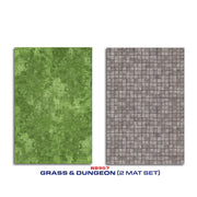 Gale Force Nine RPG Mat: Grass & Dungeon (PREORDER) - Two rectangular RPG mats side by side; left mat shows textured green grass, right mat displays grey dungeon stone tiles with