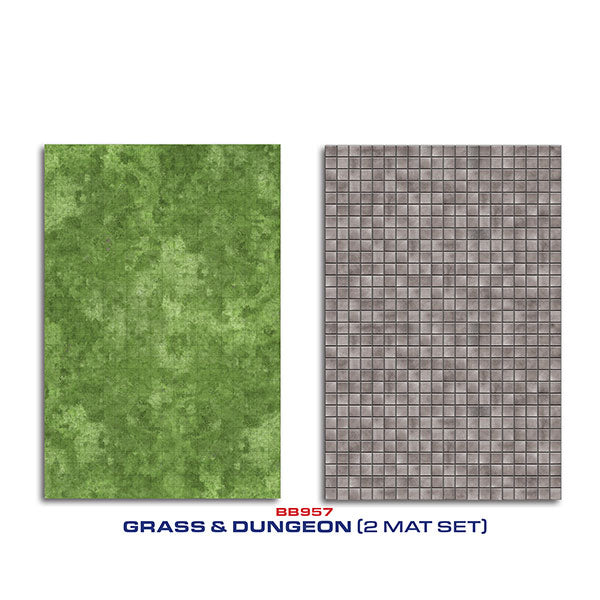 Gale Force Nine RPG Mat: Grass & Dungeon (PREORDER) - Two rectangular RPG mats side by side; left mat shows textured green grass, right mat displays grey dungeon stone tiles with