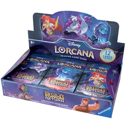 Lorcana TCG: Ursula's Return Booster Box - Purple booster box for Lorcana TCG Ursula's Return with Disney characters and 12 cards per pack.