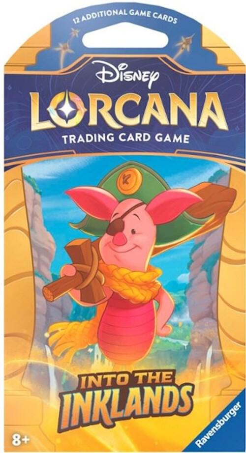 Lorcana Into the Inklands Sleeved Booster - Disney Lorcana Into the Inklands trading card game sleeved booster with colorful cartoon pig character and blue, orange.