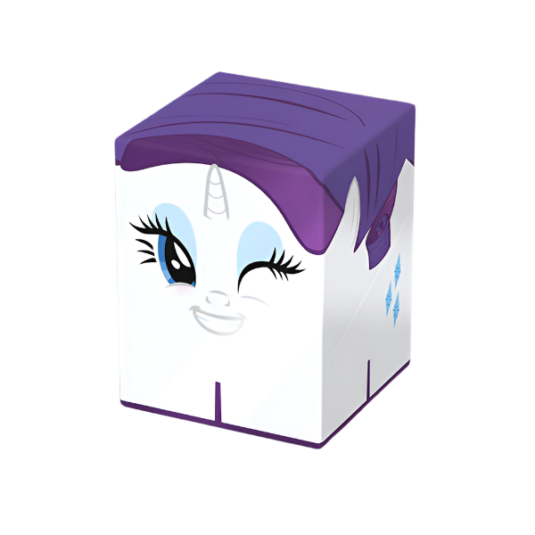 Squaroes Boulder 100+: My Little Pony Friendship is Magic: Rarity - White rectangular deck box with purple top resembling hair, featuring a winking cartoon unicorn face and blue diamond shapes
