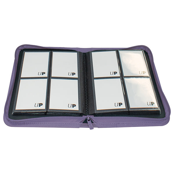 Ultra Pro 4-Pocket Zippered Binder: Vivid - Purple (PREORDER) - Purple zippered binder open to show eight clear pockets for card storage, black edges and fabric interior.