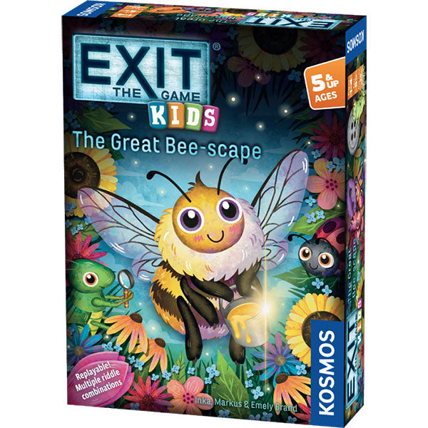 EXIT: Kids- The Great Bee-scape (PREORDER) - Colorful board game box featuring a cheerful bee holding a lantern surrounded by flowers and insects, labeled for kids ages.