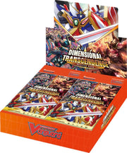 Cardfight Vanguard - Dimensional Transcendence Booster Box - BT03 - Orange and red rectangular booster box with dynamic anime-style robot art, containing multiple colorful Cardfight Vanguard.