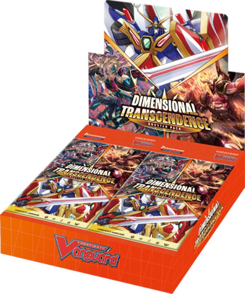 Cardfight Vanguard - Dimensional Transcendence Booster Box - BT03 - Orange and red rectangular booster box with dynamic anime-style robot art, containing multiple colorful Cardfight Vanguard.