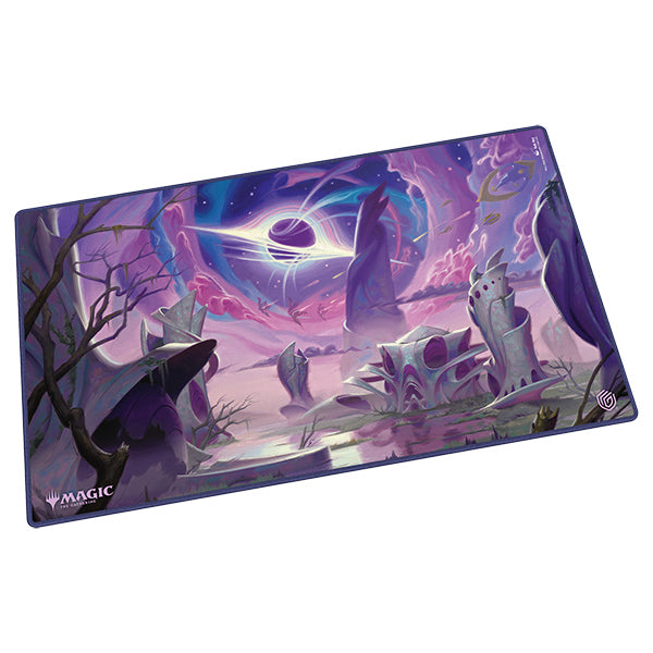 Ultimate Guard Playmat: Magic the Gathering: Edge of Eternities - Godless Shrine - Purple and pink fantasy playmat featuring mystical ruins and a dark eclipsed sun, rectangular with a smooth surface.