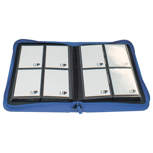 Ultra Pro 4-Pocket Zippered Binder: Vivid - Blue (PREORDER) - Blue zippered binder open to reveal black four-pocket plastic card sleeves inside.