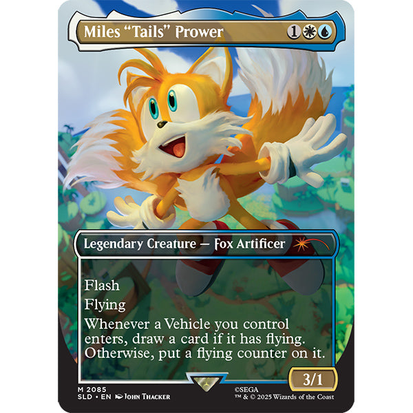 MTG: Secret Lair X Sonic- Friends and Foes, Nonfoil - Magic The Gathering card featuring colorful cartoon fox with two tails, labeled Miles "Tails" Prower, with blue and green.