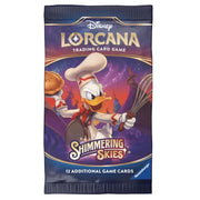 Lorcana TCG: Shimmering Skies Booster Pack - Lorcana TCG Shimmering Skies booster pack with Donald Duck chef artwork on purple and gold foil packaging.