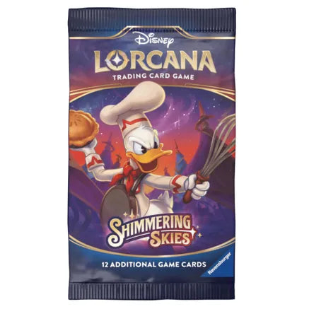 Lorcana TCG: Shimmering Skies Booster Pack - Lorcana TCG Shimmering Skies booster pack with Donald Duck chef artwork on purple and gold foil packaging.