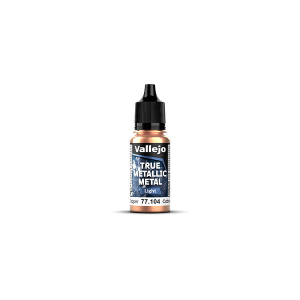 Vallejo True Metallic Metal Light: Ancient Copper (18ml) - Small plastic bottle of Vallejo True Metallic Paint in Ancient Copper with dropper cap and blue label.