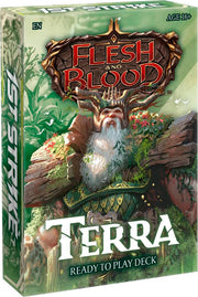 Flesh and Blood 1st Strike Ready to Play Deck - Terra - Flesh and Blood Terra Ready to Play Deck box with fantasy forest artwork and bearded warrior illustration.