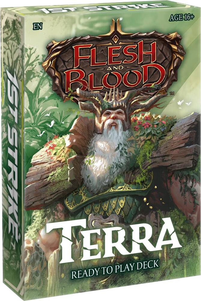 Flesh and Blood 1st Strike Ready to Play Deck - Terra - Flesh and Blood Terra Ready to Play Deck box with fantasy forest artwork and bearded warrior illustration.