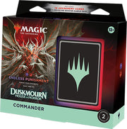 Magic: The Gathering - Duskmourn: House of Horror Commander Deck - Endless Punishment - The Gathering Duskmourn House of Horror Commander Deck box with fiery undead artwork and a deck of cards featuring a green.