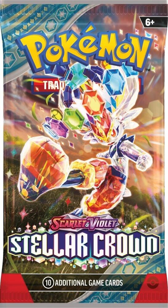 Pokémon TCG - Scarlet & Violet - Stellar Crown - Booster Pack - Pokémon Scarlet & Violet Stellar Crown booster pack with colorful cosmic artwork and gem-themed Pokémon on holographic.