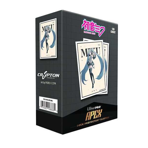 Ultra Pro Apex Deck Protectors: Hatsune Miku Retro Soundscapes - Hatsune Miku (PREORDER) - Black box packaging with retro-style Hatsune Miku illustration in blue and white, labeled Ultra Pro Apex Deck Protectors.