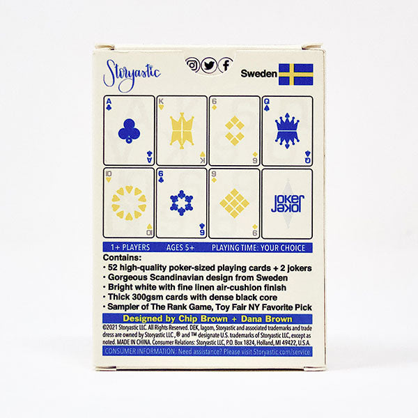 DEK Playing Cards: lagom (PREORDER) - White playing card box with blue and gold accents showing card suit icons and Swedish flag, text detailing contents and.