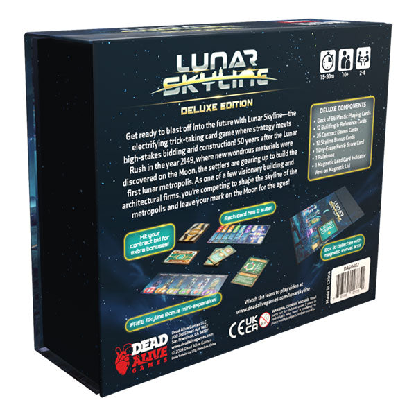 Lunar Skyline: Deluxe Edition - Lunar Skyline Deluxe Edition card game box with dark space-themed design and colorful card illustrations on back.