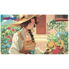Playmat: Oshi Push Standard - Gen Two Hidden Links - Captain Camille (PREORDER) - Rectangular playmat featuring an anime-style character with brown braided hair and a wide-brimmed hat, surrounded by.