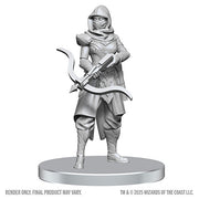 D&D Nolzur's Marvelous Miniatures: Assassin & Berserker (PREORDER) - Gray unpainted miniature of a hooded assassin holding a curved bow with detailed armor and cloth folds on a round base.