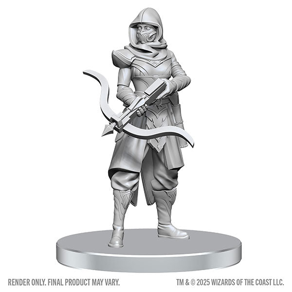 D&D Nolzur's Marvelous Miniatures: Assassin & Berserker (PREORDER) - Gray unpainted miniature of a hooded assassin holding a curved bow with detailed armor and cloth folds on a round base.