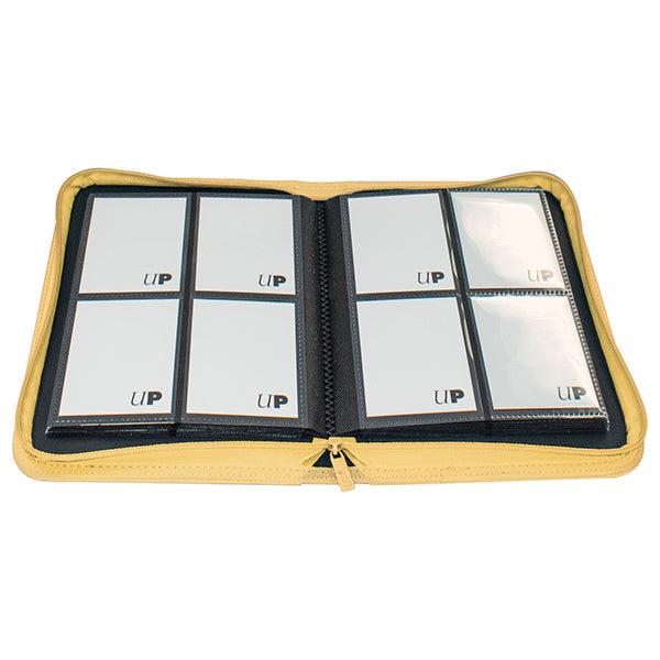 Ultra Pro 4-Pocket Zippered Binder: Vivid - Yellow (PREORDER) - Yellow zippered binder open to show eight clear plastic card pockets, black interior edges, and gold zipper pull.